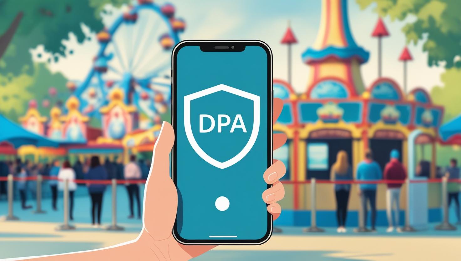 遊園地のアトラクションの周囲で携帯電話でDPAを検索しているイラスト